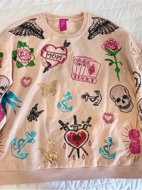 QUEEN OF SPARKLES Pink Embroidered Graphic Sweatshirt with Multicolor Motifs